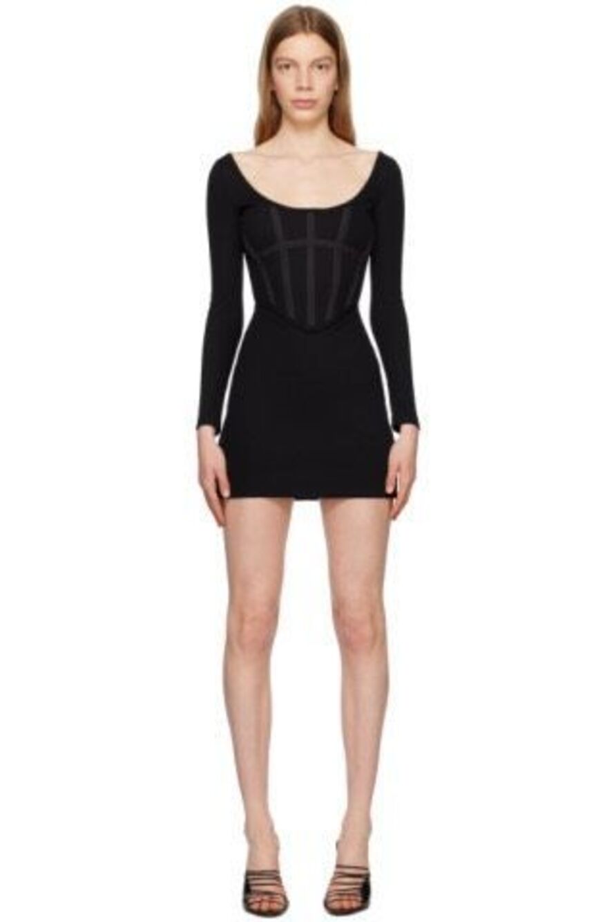 Dion Lee Corset Rib Knit Mini Dress Black Long Sleeve Scoop Neck US 2 AU 6